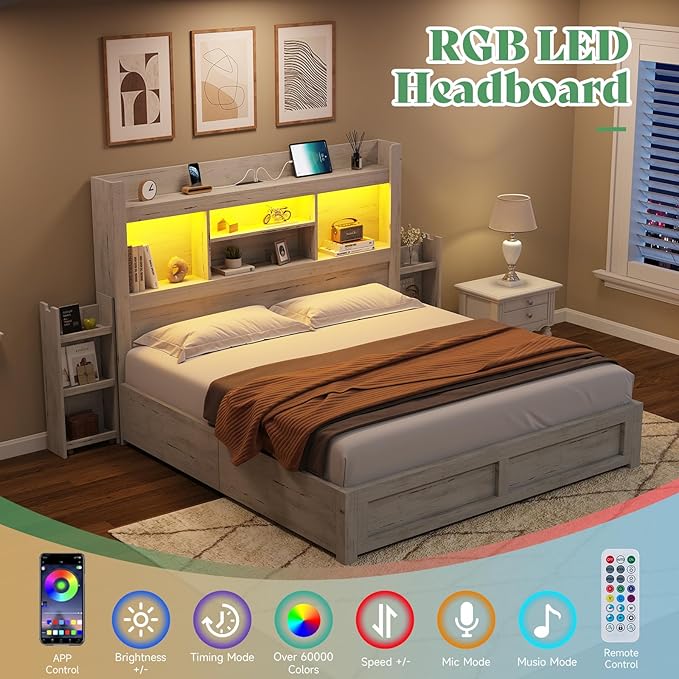 AMERLIFE Full Bed Frame with 4 Storage Drawers, LED Bed Frame with 49.6" Tall - Image 3
