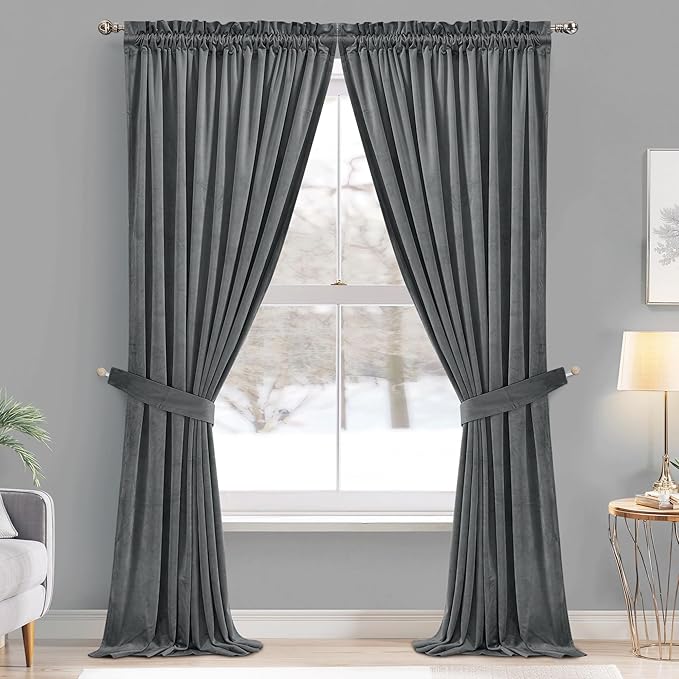 StangH Grey Velvet Curtains 84 inches Room Darkening Window Curtain Drapes - Image 2