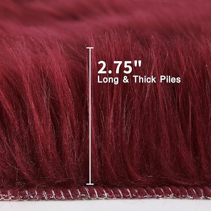 duduta Burgundy Faux Sheepskin Runner Rug 2x6 ft, Fluffy Shag Bedroom Dorm Rug - Image 2