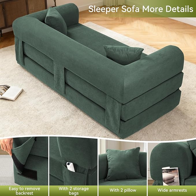 80" Convertible Sofa Bed, Corduroy Folding Sleeper Sofa Bed Queen - Image 7