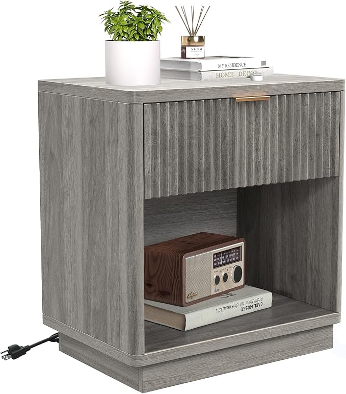 Miereirl Fluted Nightstand Charging Station, Wooden Vintage Night Stands Curved - Image 9