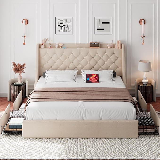 iPormis King Bed Frame with 4 Storage Drawers, Upholstered Platform Bed Frame - Image 3