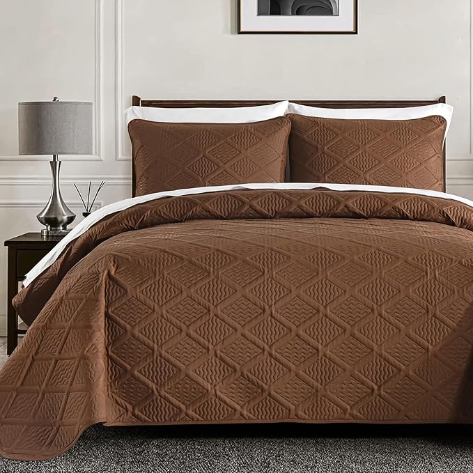 Yiran Brown Quilt Set King Size, 3 Piece Reversible Bedspreads Bedding Set by Yiran