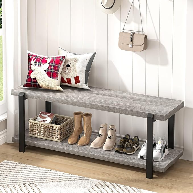 FOLUBAN Entryway Bench, Vintage Wood and Metal Shoe Bench - Image 7