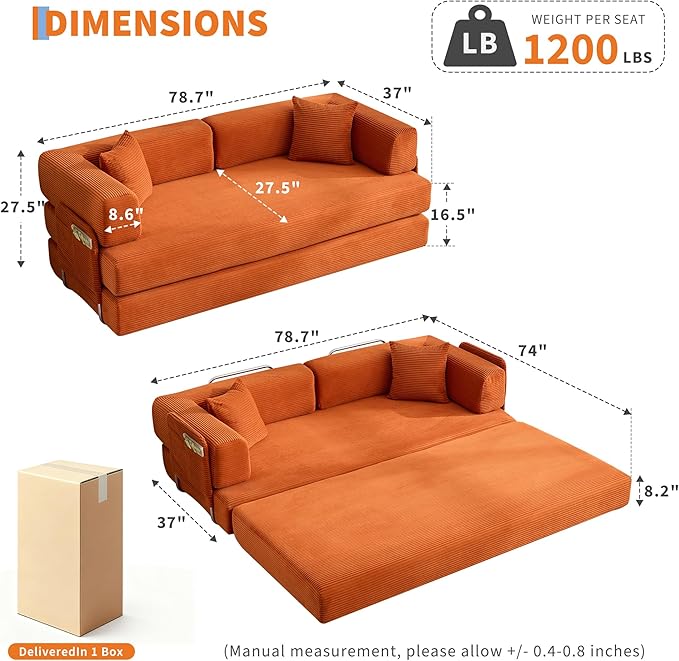Garvee 5-in-1 Convertible Sofa Bed, 78.8" Modular Corduroy Sleeper - Image 2
