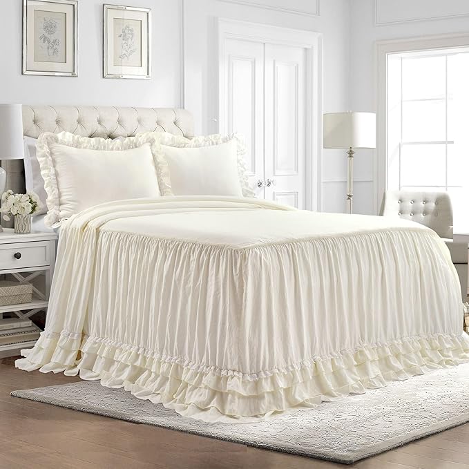 Lush Decor Ella Vintage Chic Ruffle Lace Bedspread Light Gray Farmhouse Style - Image 2