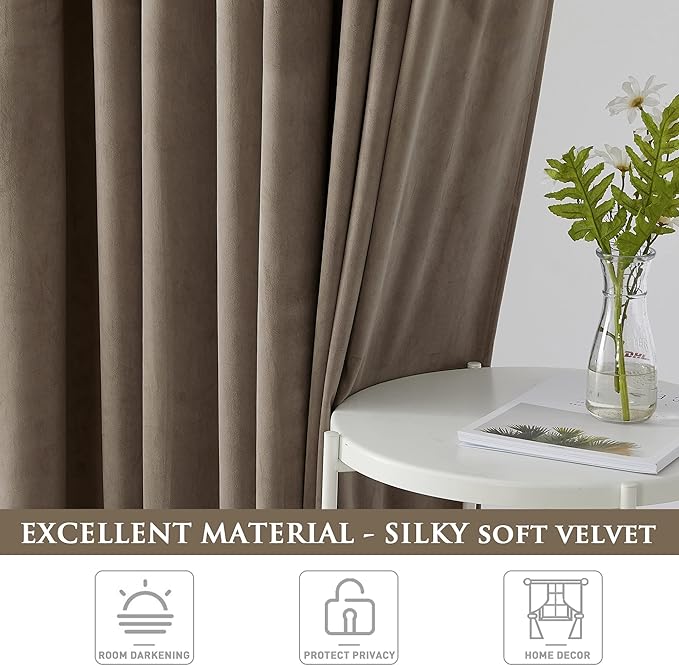 StangH Taupe Curtains 90 inches Long, Super Soft Velvet Room Darkening Window - Image 5