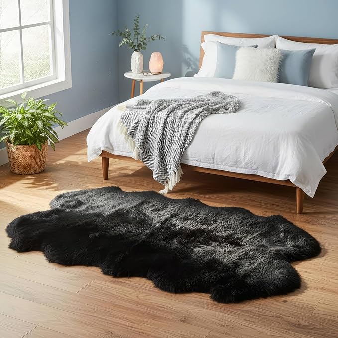 Black Sheepskin Rug 4x6 ft, Genuine Quad Pelt Fluffy Fur Area Rug - Image 2