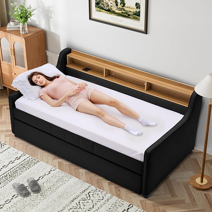 Twin Size Daybed with Pop Up Trundle Bed, Linen Fabric Upholstered Day Bed - Image 3