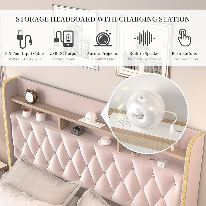 Full LED Bed Frame with Storage Drawers, Velvet Upholstered Platform Beds with - Image 5