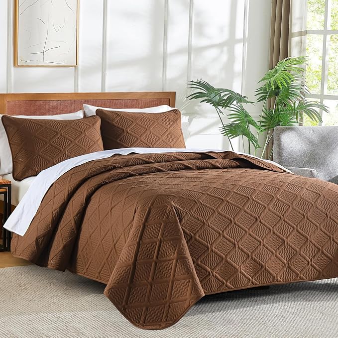 Yiran Brown Quilt Set King Size, 3 Piece Reversible Bedspreads Bedding Set - Image 3