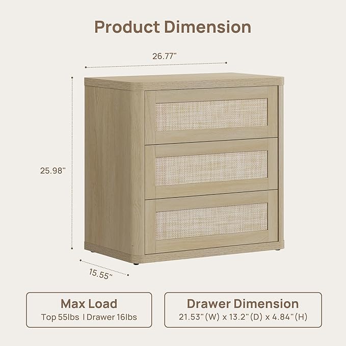 SICOTAS Rattan Night Stand Set of 2, Oversized 3-Drawer Nightstand, Large - Image 2