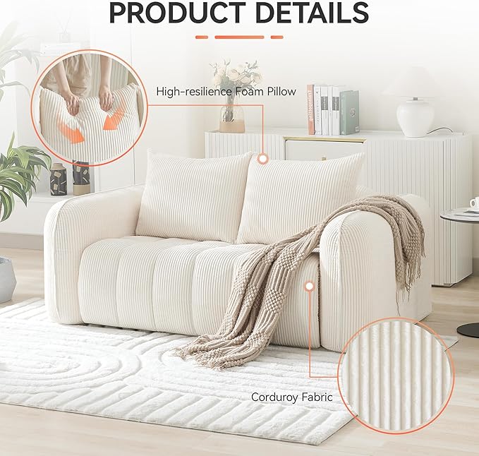 Corduroy Boneless Living Room Sets, Modern Upholstered Loveseat - Image 3