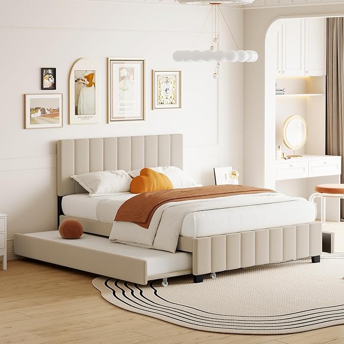 Queen Bed Frame with Trundle Bed, Velvet Upholstered Platform Bed Frame with by Bellemave