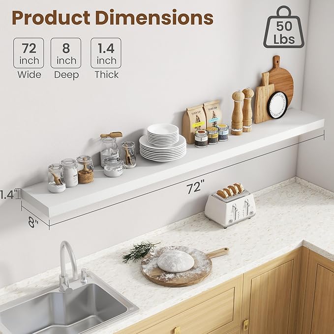 72 Inch Floating Shelves for Wall, 8 Inch Deep Floating Shelf for Storage & - Image 3