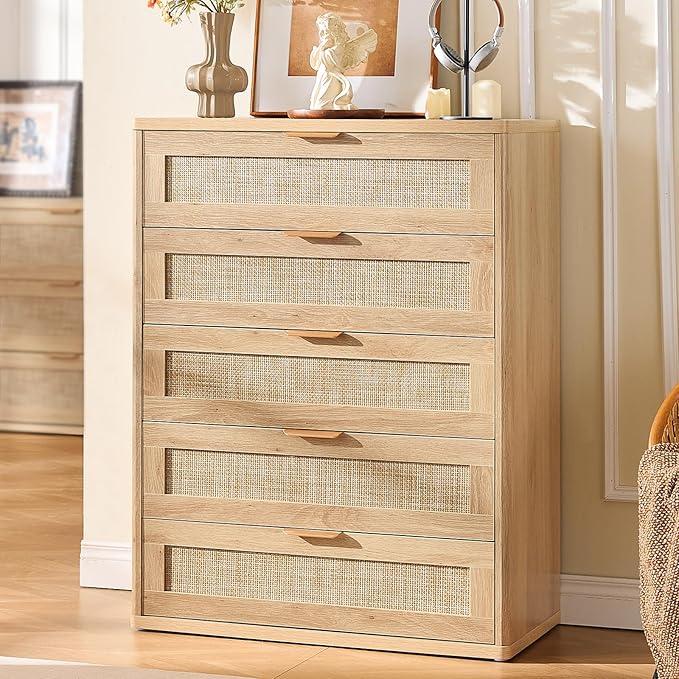 LEYAOYAO Rattan Dresser for Bedroom Set 2, Modern 5 Drawers Boho Dressers - Image 2