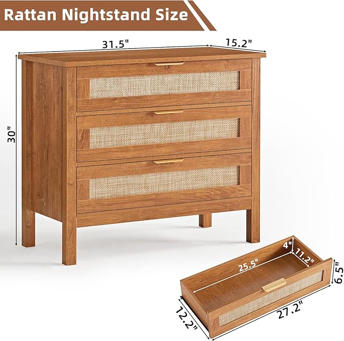 LEYAOYAO 31.5" Wide Rattan Night Stand, Large Boho Nightstand, Bedside Table - Image 2