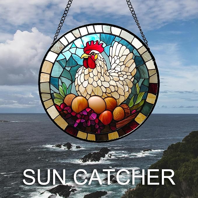 DASTOLL Stained Glass Window Hanging White Chicken Hatching Eggs 7.8" - Image 3