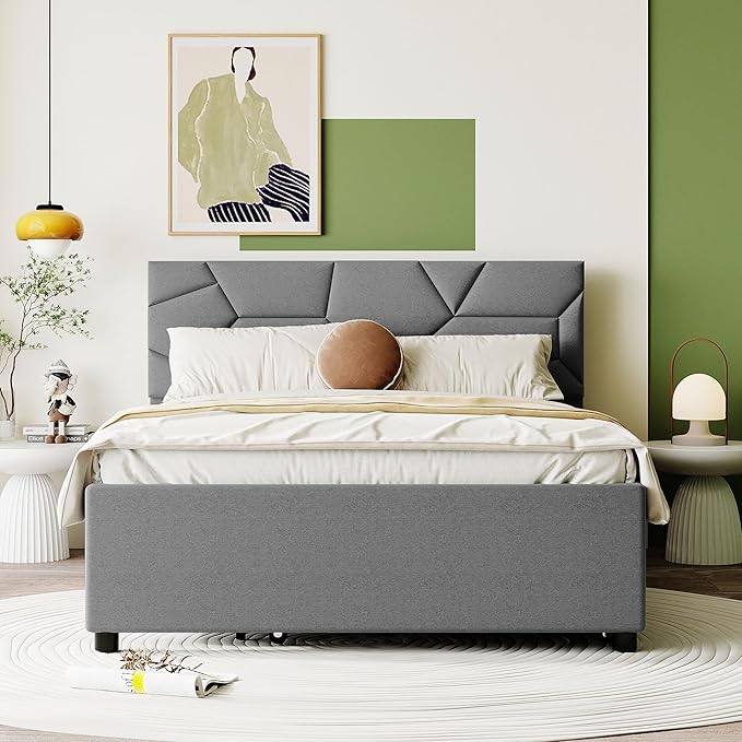 Full Size Bed Frame with Twin Size Trundle, Linen Upholstered Platform Bed - Image 3