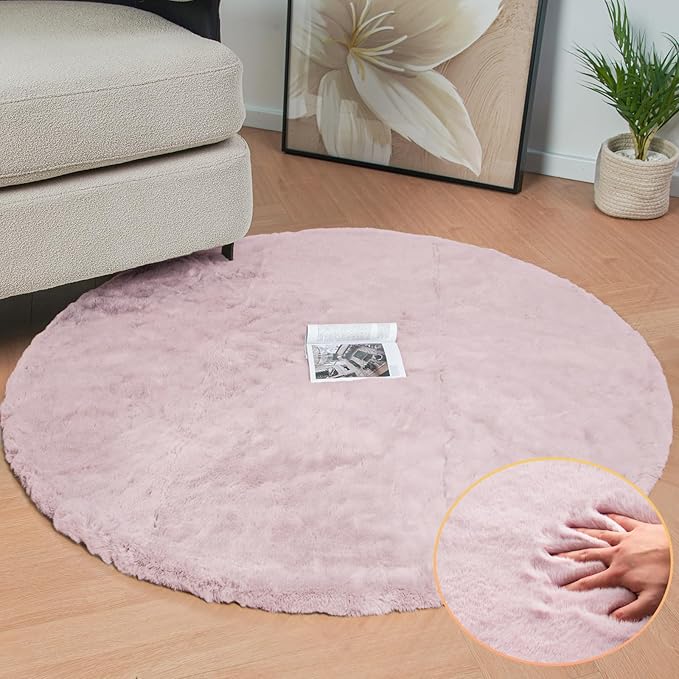 Pink Washable Fluffy Rugs for Bedroom Small Circle Faux Rabbit Shag Fur Area - Image 2