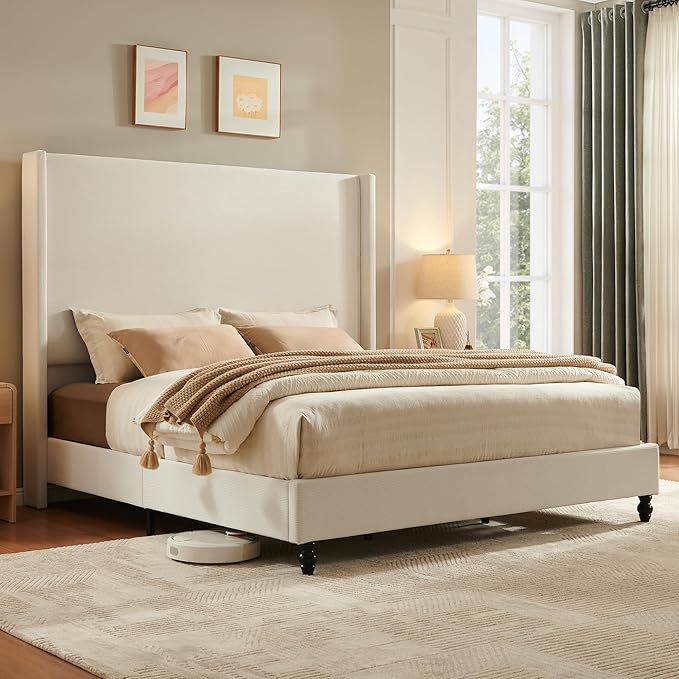 King Bed Frame with 65" Tall Headboard, Horizontal Fine Corduroy Bed Frame with by LUXOAKAddMoreStyletoHome