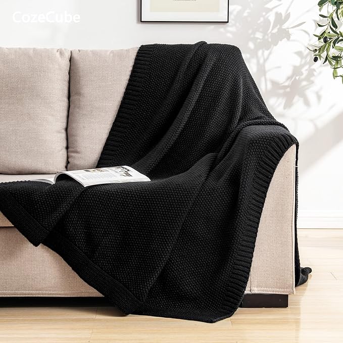 CozeCube Black Throw Blanket for Couch, Soft Cozy Cable Knit Throw for Bed Sofa - Image 3