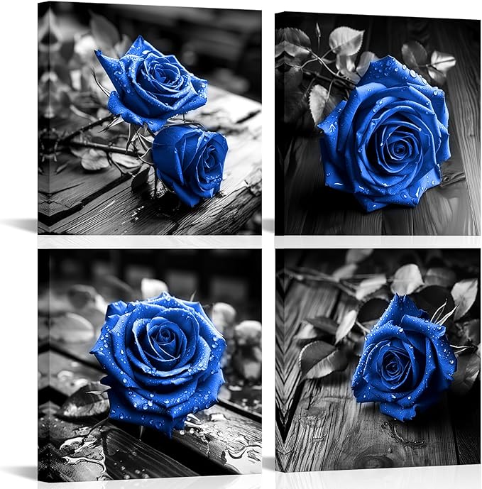 VANSEEING 4 Pieces Blue and Black Rose Flower Canvas Wall Art Floral Pictures by VANSEEING