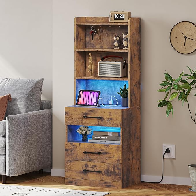 VIAGDO Tall Nightstand with Charging Station and LED Lights, Rustic Brown Night - Image 9