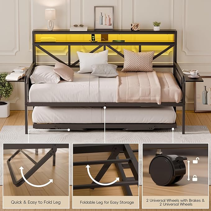 Daybed with Trundle, Heavy Duty Metal Twin Bed Frame with LED Lights & 2-Tier - Image 7