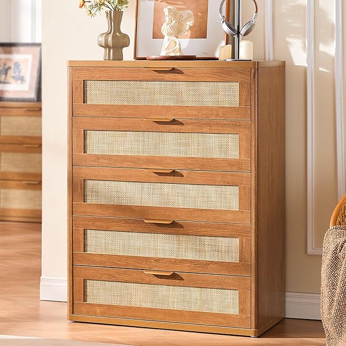 LEYAOYAO Rattan Dresser and Nightstand Set of 3, Boho Wood Dresser - Image 6