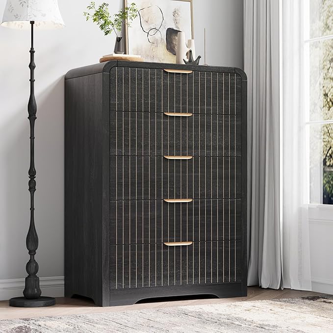 Fluted 5 Drawer Dresser for Bedroom, Wood Mid Century Vertical Dresser Natural - Image 3