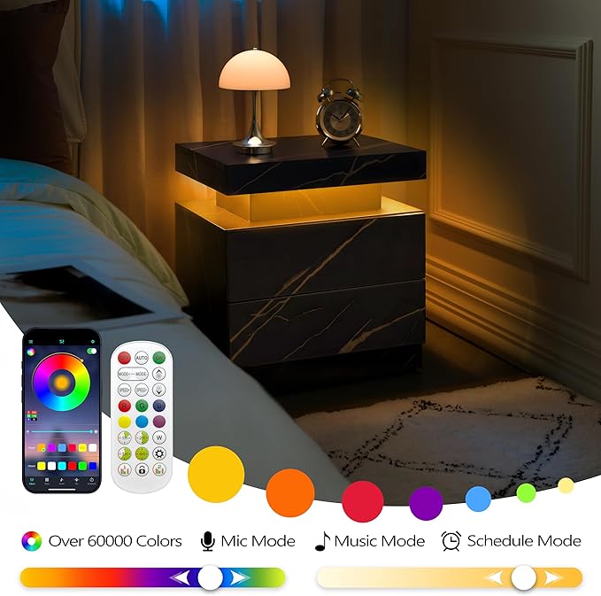 LED Bedside Table with 2 Drawers, Modern Nightstand Cabinet - Image 5