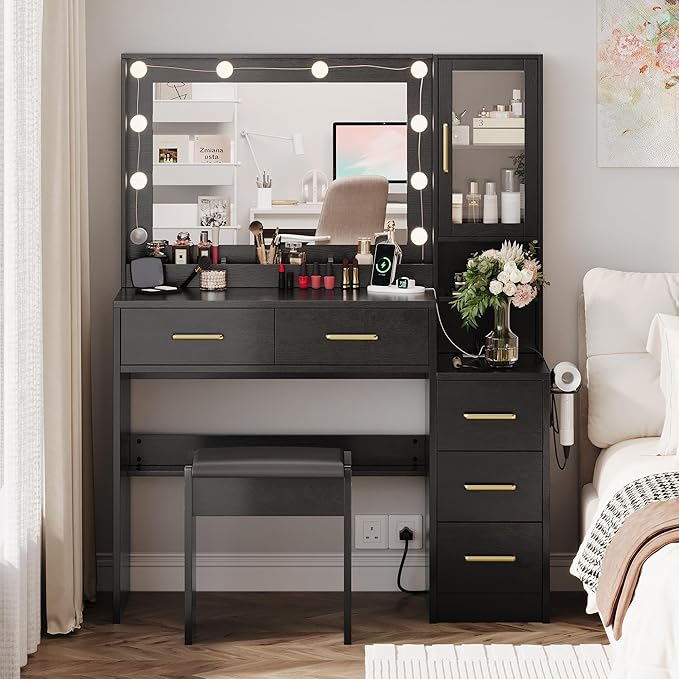 Makeup Vanity with Lights & Charging Station, Bedroom Makeup Dressing Table Set - Image 5