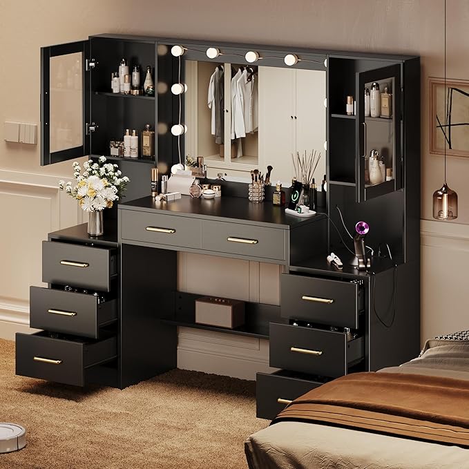 Black Vanity Desk with Mirror, Lights & Charging Station, 58.3" 3 Lighting - Image 6