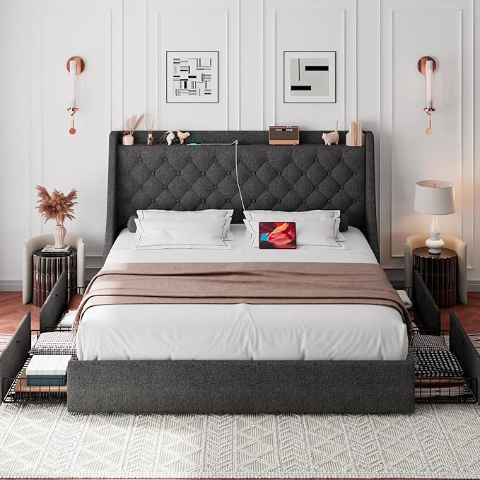 iPormis Queen Bed Frame with 4 Storage Drawers, Upholstered Platform Bed Frame - Image 3