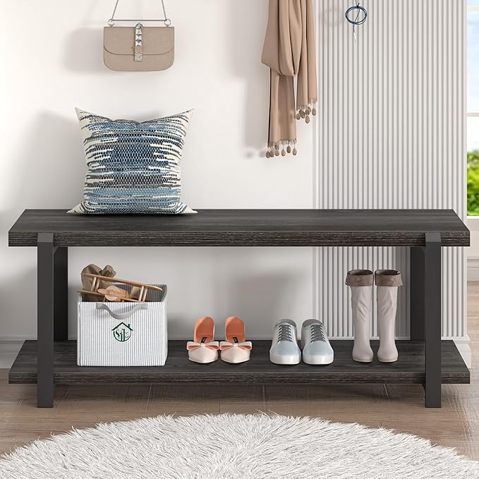 FOLUBAN 47 Inch Shoe Storage Bench, Rustic Wood and Metal Entryway Bench - Image 5