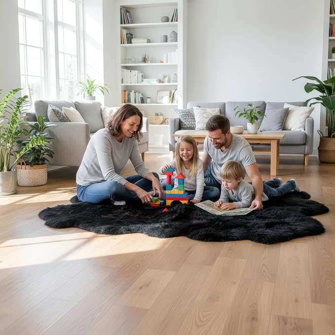 Black Sheepskin Rug 4x6 ft, Genuine Quad Pelt Fluffy Fur Area Rug - Image 4
