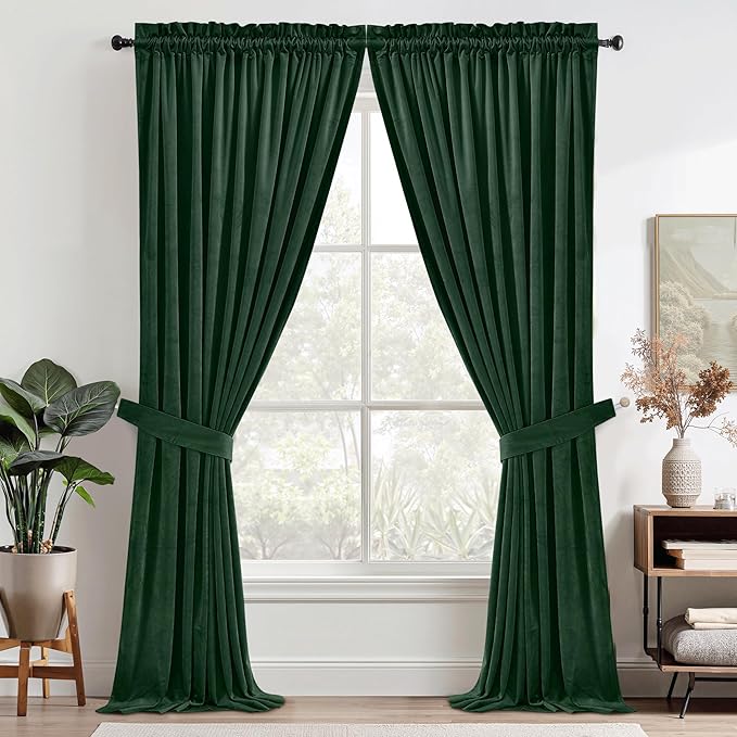 StangH Green Velvet Curtains Elegant Rod Pocket Bedroom Window Drapes Dark - Image 2