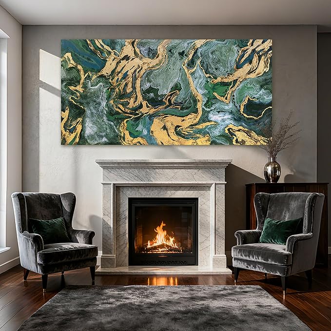 YETHEN WAL Green and Gold Abstract Canvas Wall Art 24×48 inch Horizontal - Image 4