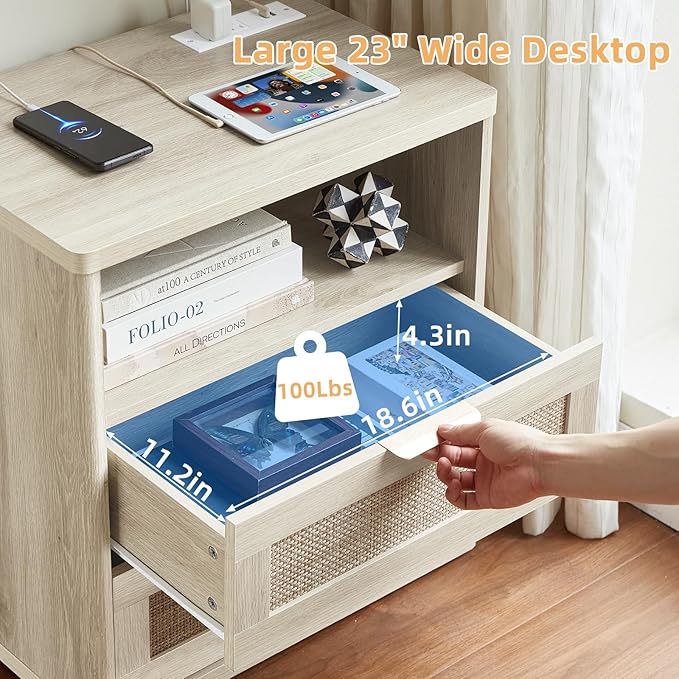 LEYAOYAO Rattan Dresser and Nightstand Set of 3, Boho Wood Dresser - Image 8