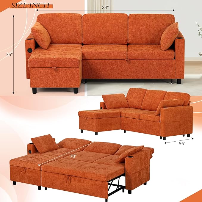 84" Chenille Pull Out Sofa Bed w/Adjustable Backrest, L-Shape Modern Sleeper - Image 3