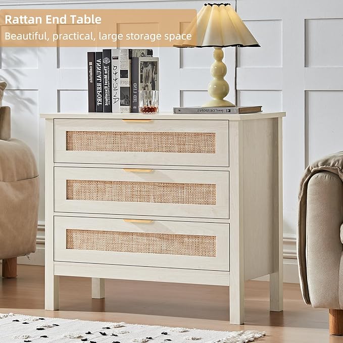 LEYAOYAO 31.5" Wide Rattan Nightstand, Large Boho 3 Drawer Night Stand - Image 3