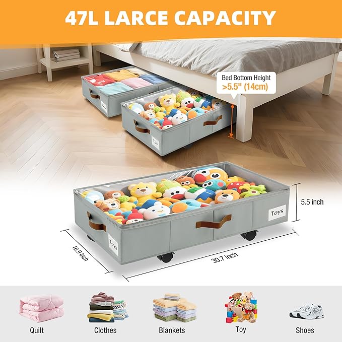 2 Pack Under Bed Storage with Wheels – 30.5×17×5.5 Inch, Underbed Storage with - Image 4