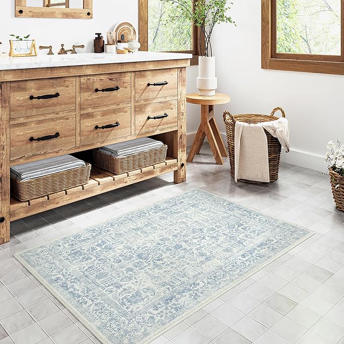 Blue Entryway Area Rug 2x3 Door Mat Machine Washable Kitchen Vintage Distressed - Image 6