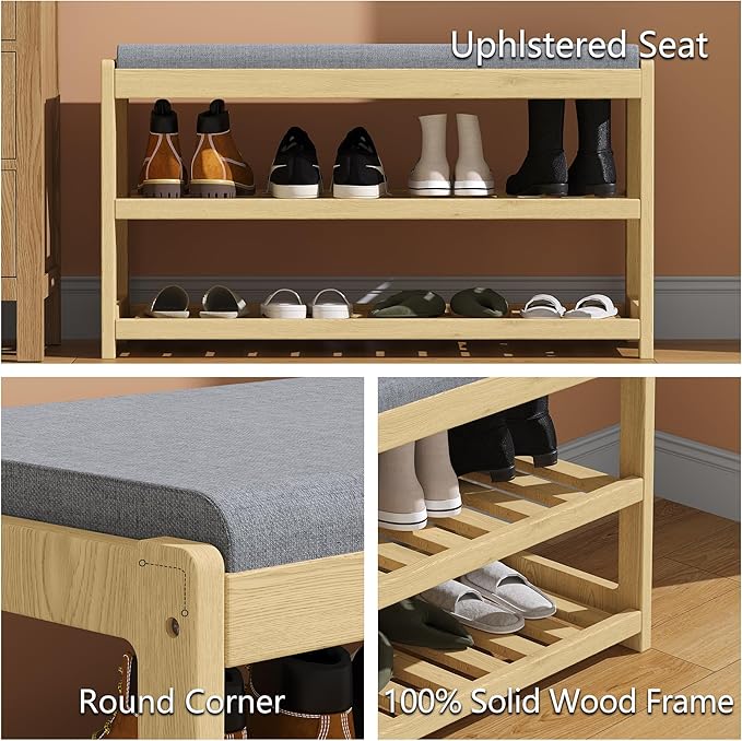 Shoe Bench Entryway, 100% Solid Solid Wood Shoe Rack Bench - Image 5