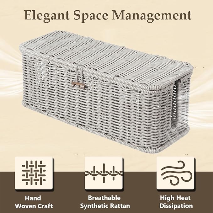 BROWNLILY Cable Management Box, Rattan Style Cord Organizer - Image 3