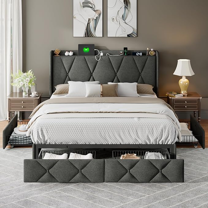 Feonase Queen Bed Frame with 4 Storage Drawers, Upholstered Button Tufted - Image 7