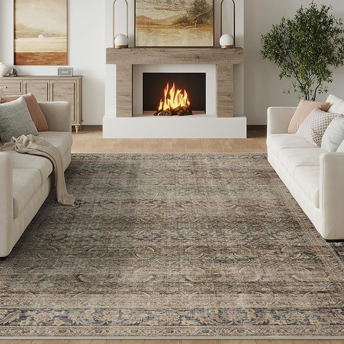 FMFUNCTEX 8x10 Washable Area Rug Brown Vintage Neutral Distressed Large Non - Image 3