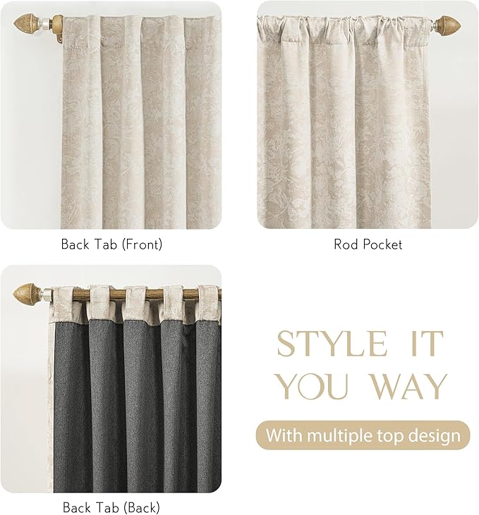 Beauoop Beige Floral Jacquard Blackout Curtains 63 Inches Long 2 Panels - Image 5