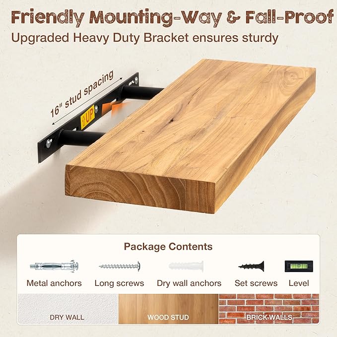 fuqing Floating Shelves for Wall, 40 inch Rustic Solid Elm Wood Floating Shelves - Image 6